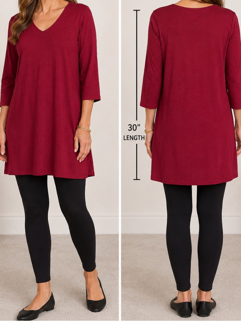 Indigenous Womens Red 3/4 Sleeve Organic Pima Cotton V Neck Tunic Top Small